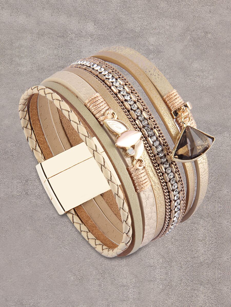 Rhinestone Trang trí nhiều lớp Vòng đeo tay từ tính - Màu Khaki - Xem 1