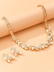 3入組鑲有鑽石和人造珍珠裝飾的珠寶套裝 - 金黃色 - 查看 3