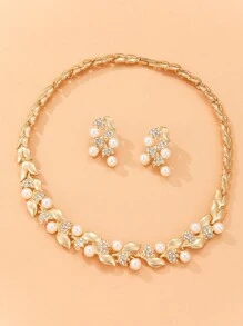 3入組鑲有鑽石和人造珍珠裝飾的珠寶套裝 - 金黃色 - 查看 4
