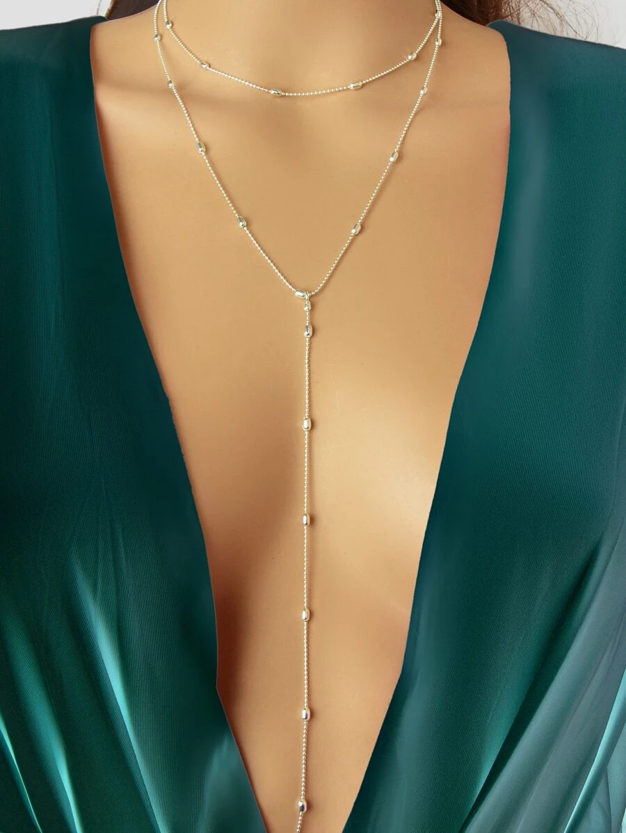 珠子裝飾Y字項鍊 - 銀色 - 查看 1