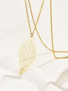Hollow Out Leaf Charm Necklace - Yellow Gold - View 1