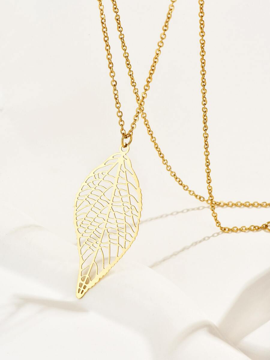 Hollow Out Leaf Charm Necklace - Yellow Gold - View 1