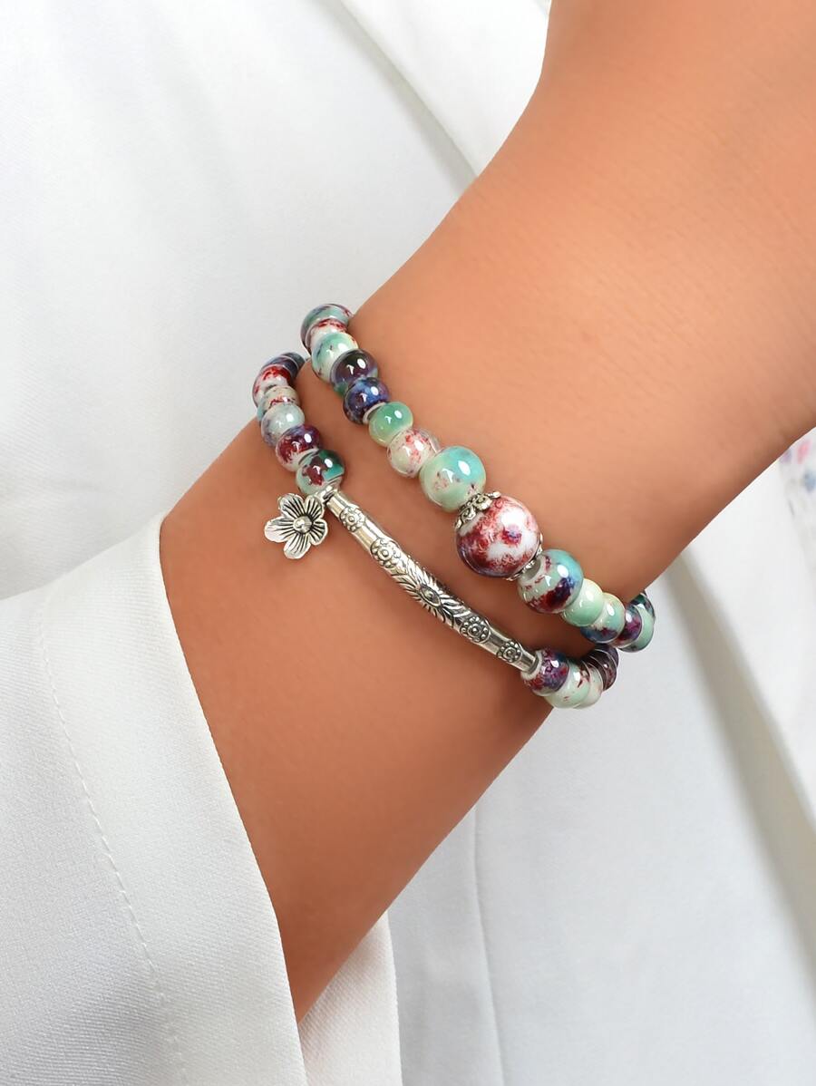 Flower Charm Beaded Bracelet - Multicolor - View 1