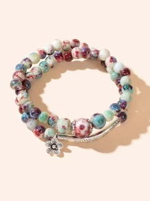 Flower Charm Beaded Bracelet - Multicolor - View 2