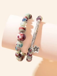 Flower Charm Beaded Bracelet - Multicolor - View 4