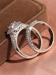 2入組/套方晶鋯石裝飾戒指 - 銀色 - 查看 4