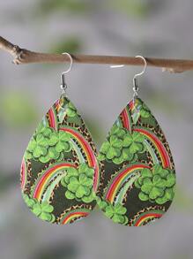 1pair Pu Double-Sided Shamrock & Rainbow & Leopard Print Clover Drop Earrings For St. Patrick's Day - Green - View 1