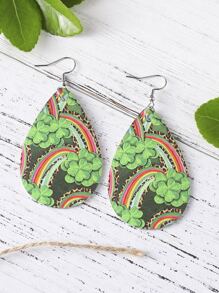 1pair Pu Double-Sided Shamrock & Rainbow & Leopard Print Clover Drop Earrings For St. Patrick's Day - Green - View 3