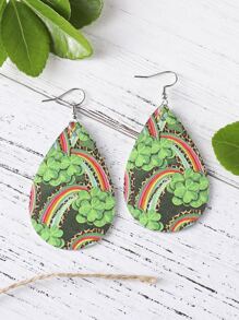 1pair Pu Double-Sided Shamrock & Rainbow & Leopard Print Clover Drop Earrings For St. Patrick's Day - Green - View 4