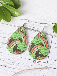 1pair Pu Double-Sided Shamrock & Rainbow & Leopard Print Clover Drop Earrings For St. Patrick's Day - Green - View 5
