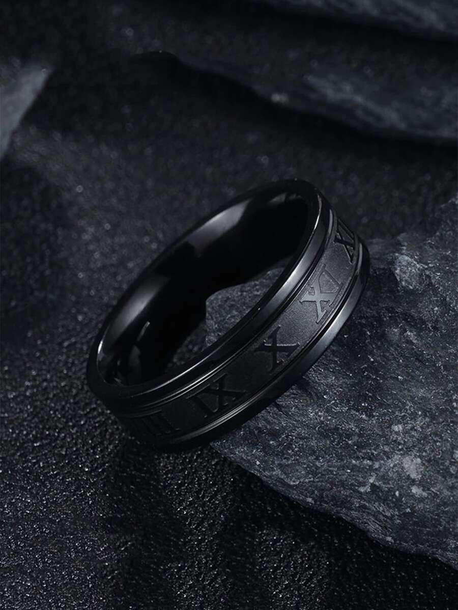 Fashionable and Popular Men Roman Numeral Detail Ring Stainless Steel for Jewelry Gift and for a Stylish Look - Black - View 1
