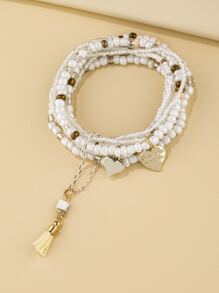 1pc Metallic Heart Shaped Charm & Glass Bead Decor Bracelet Valentines - Multicolor - View 2