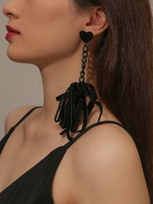 Heart Decor Tassel Drop Earrings - Black - View 1