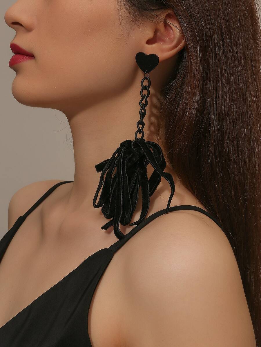 Heart Decor Tassel Drop Earrings - Black - View 1