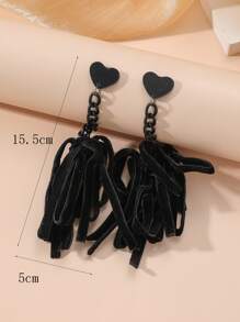 Heart Decor Tassel Drop Earrings - Black - View 3