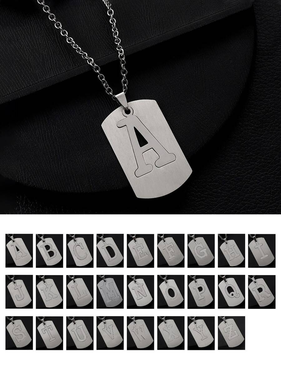 1pc Men Letter Detail Geometric Charm Necklace, Stainless Steel Jewelry - Silver - View 1