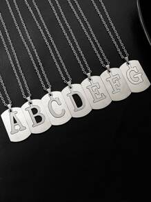 1pc Men Letter Detail Geometric Charm Necklace, Stainless Steel Jewelry - Silver - View 3