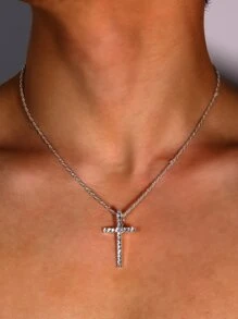 Collar con colgante de cruz de diamantes de imitación para hombre a la moda y popular para regalo de joyería y para un aspecto elegante - Plateado - Ver 1