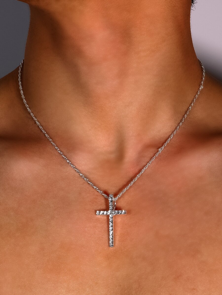 Collar con colgante de cruz de diamantes de imitación para hombre a la moda y popular para regalo de joyería y para un aspecto elegante - Plateado - Ver 1