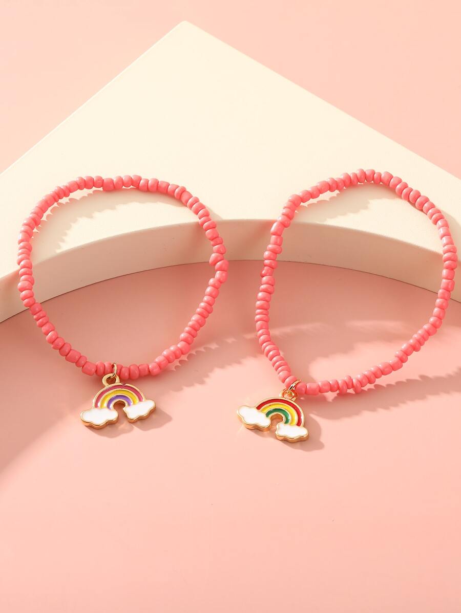 2pcs Rainbow Beaded Children's Bracelets Set With Pendant - Multicolor - View 1