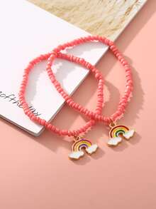2pcs Rainbow Beaded Children's Bracelets Set With Pendant - Multicolor - View 2