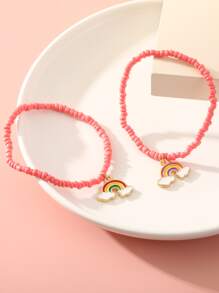 2pcs Rainbow Beaded Children's Bracelets Set With Pendant - Multicolor - View 3