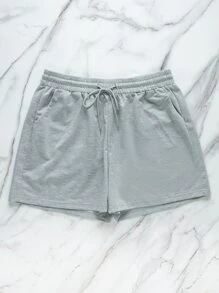 SHEIN EZwear 大碼腰部抽繩斜口袋素色運動短褲 - 淺灰色 - 查看 3