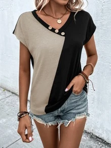 EMERY ROSE Two Tone Button Detail Dolman Sleeve Tee Graphic Tees Women Tops - Multicolor - View 4