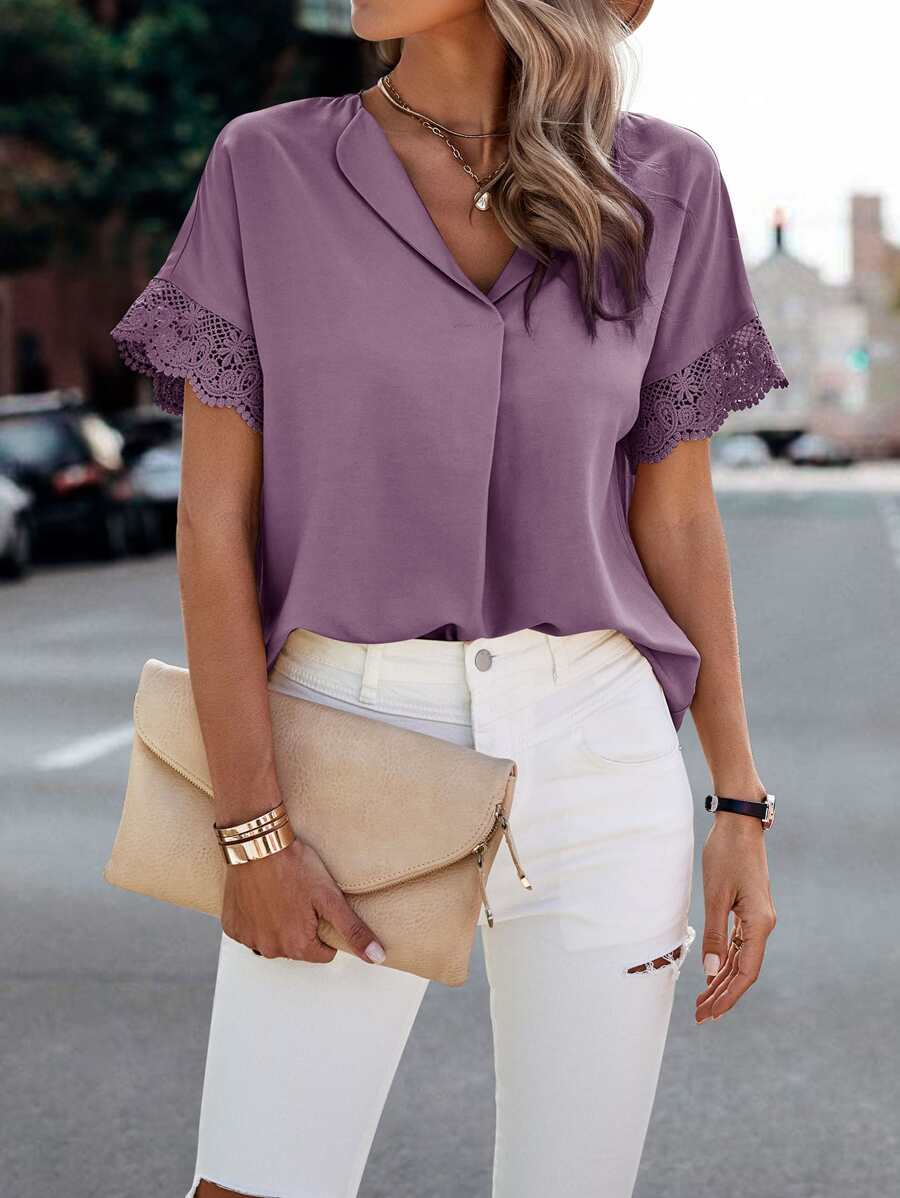 SHEIN LUNE Solid Guipure Lace Insert Blouse - Lilac Purple - View 1