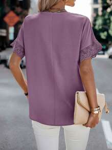 SHEIN LUNE Solid Guipure Lace Insert Blouse - Lilac Purple - View 2