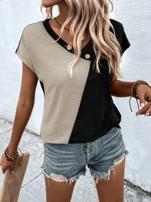 EMERY ROSE Two Tone Button Detail Dolman Sleeve Tee Graphic Tees Women Tops - Multicolor - View 5