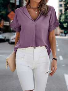 SHEIN LUNE Solid Guipure Lace Insert Blouse - Lilac Purple - View 3