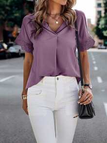 SHEIN LUNE Solid Guipure Lace Insert Blouse - Lilac Purple - View 5