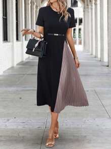 SHEIN Clasi Tvåfärgad plisserad fållklänning utan bälte Maxi Damoutfit - Multifärgad - Visa 4