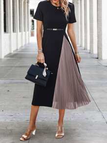 SHEIN Clasi Tvåfärgad plisserad fållklänning utan bälte Maxi Damoutfit - Multifärgad - Visa 6