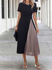 SHEIN Clasi Tvåfärgad plisserad fållklänning utan bälte Maxi Damoutfit - Multifärgad - Visa 3