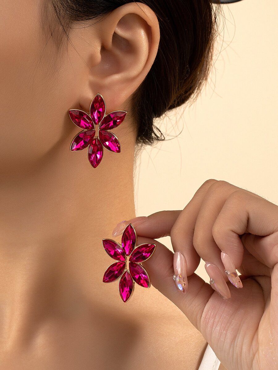 Rhinestone Decor Stud Earrings - Hot Pink - View 1