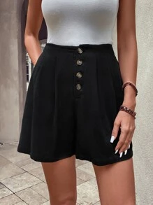 SHEIN LUNE Button Fly Fold Pleated Front Slant Pocket Shorts - Black - View 1
