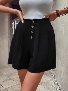 SHEIN LUNE Button Fly Fold Pleated Front Slant Pocket Shorts - Black - View 3