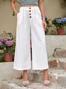 SHEIN LUNE 紐扣門襟斜口袋闊腿褲 - 白色 - 查看 3
