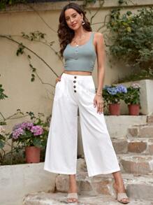 SHEIN LUNE 紐扣門襟斜口袋闊腿褲 - 白色 - 查看 5