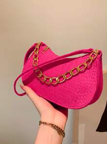 Neon Pink Crocodile Embossed Chain Hobo Bag - Hot Pink - View 1