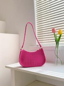 Neon Pink Crocodile Embossed Chain Hobo Bag - Hot Pink - View 2
