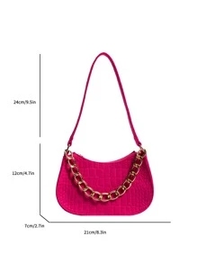 Neon Pink Crocodile Embossed Chain Hobo Bag - Hot Pink - View 3