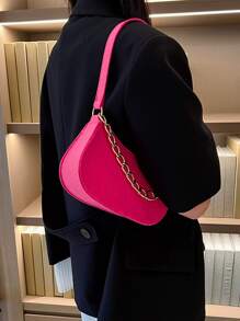 Neon Pink Crocodile Embossed Chain Hobo Bag - Hot Pink - View 4