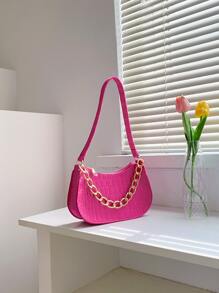 Neon Pink Crocodile Embossed Chain Hobo Bag - Hot Pink - View 7