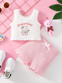 SHEIN Baby Cartoon & Letter Graphic Tank Top & Bow Front Shorts - Multicolor - View 1