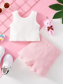 SHEIN Baby Cartoon & Letter Graphic Tank Top & Bow Front Shorts - Multicolor - View 2