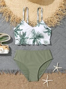 Conjunto de bikini con estampado tropical y bajo con volantes para niña preadolescente, ideal para la playa de verano - Multicolor - Ver 1
