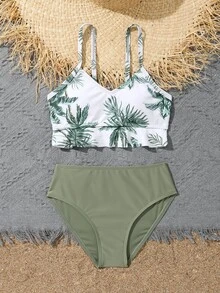 Conjunto de bikini con estampado tropical y bajo con volantes para niña preadolescente, ideal para la playa de verano - Multicolor - Ver 5